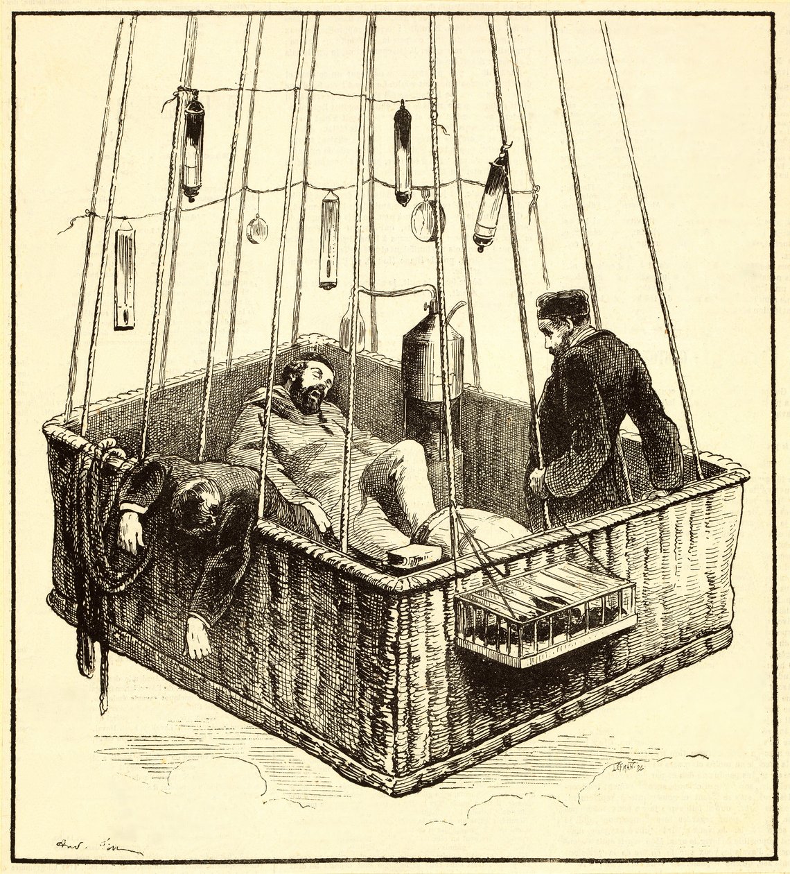 Joseph Crocé-Spinelli, Henri Sivel und Gaston Tissandier im Korb des Ballons Zénith, nach Bewusstlosigkeit durch Sauerstoffmangel in einer Höhe von fast 28.000 Fuß, nahe P von French School