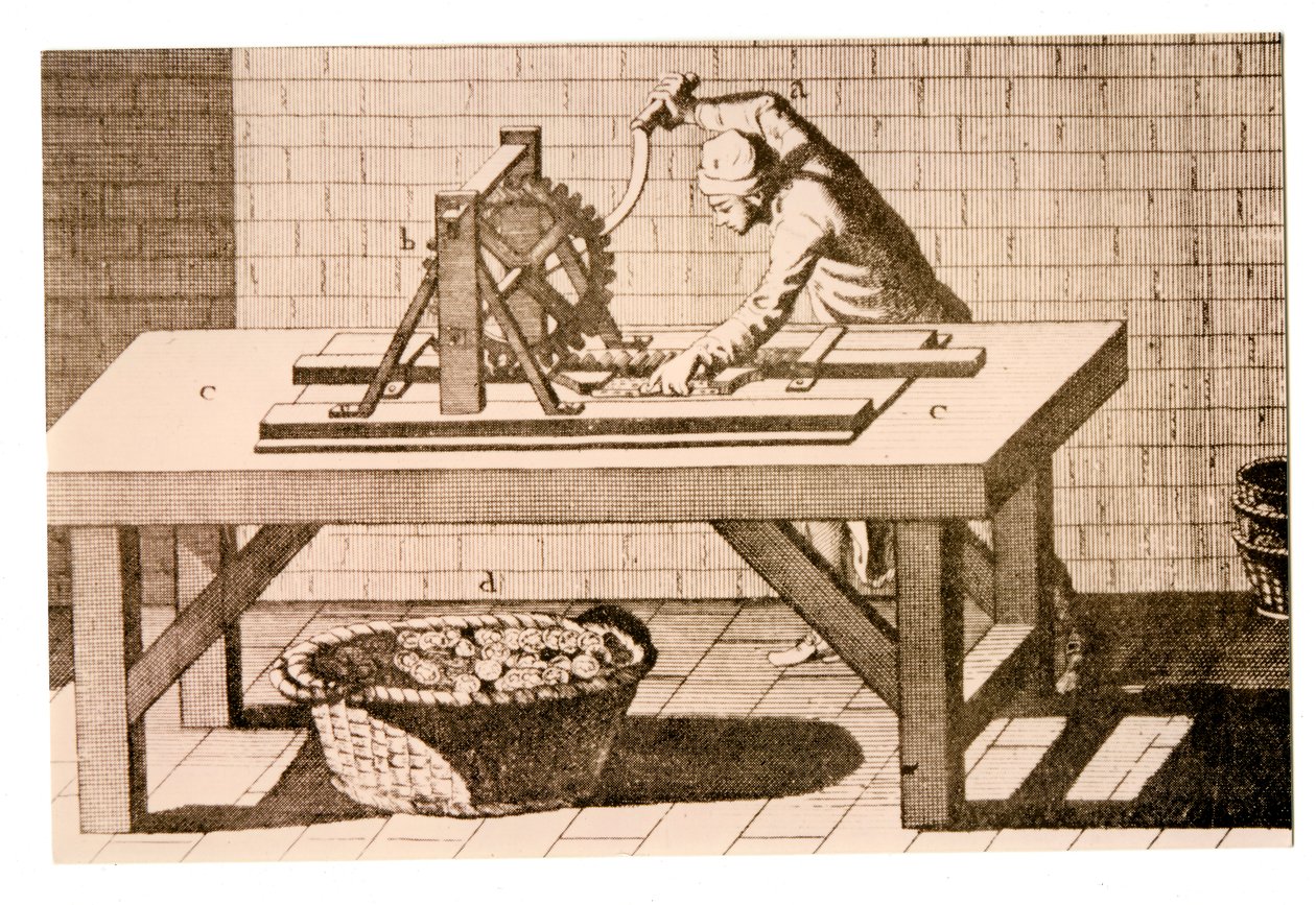 Randmarkierung von Münzen mit einer Parallelbalken-Randmarkierungsmaschine, aus der Encyclopédie von Denis Diderot und Jean le Rond d