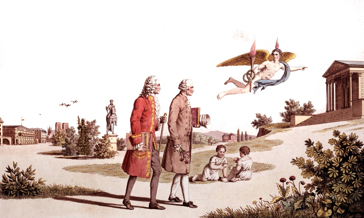 Der Geist von Voltaire und Jean Jacques Rousseau führt sie zum Tempel der Unsterblichkeit, Illustration aus An Allegory of the Works of French Philosophers von French School