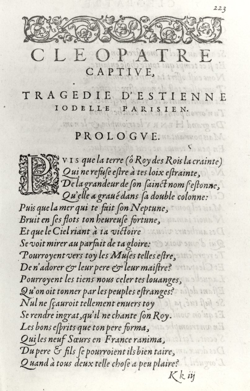 Titelseite von Cleopatre Captive, von Etienne Jodelle (1532-73), 1574 von French School