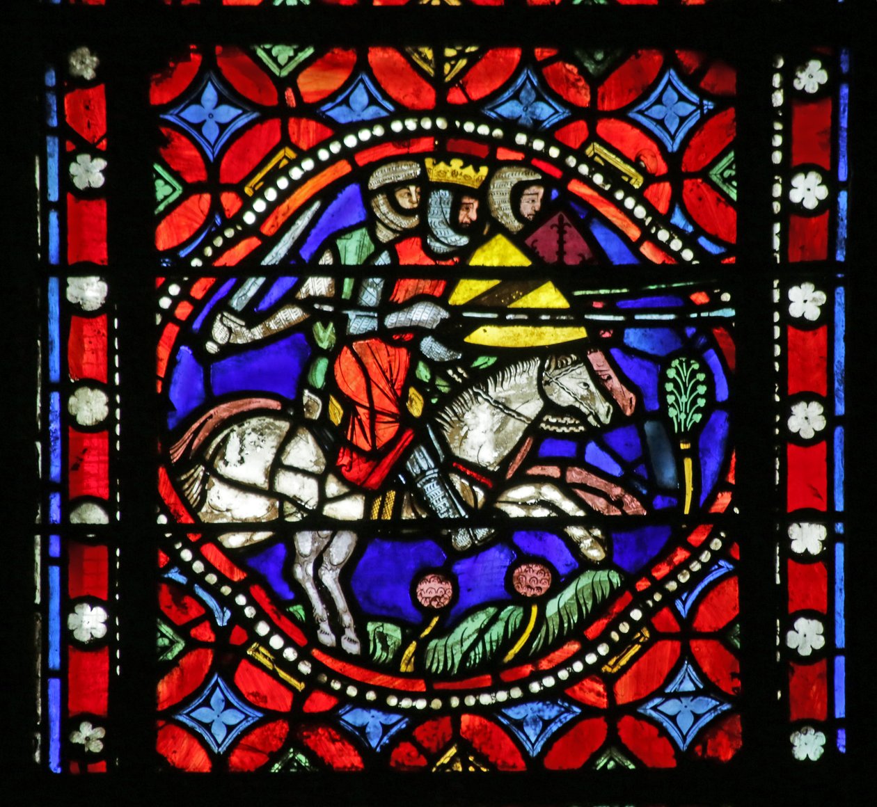 Fenster mit Darstellung einer Szene aus dem Leben des Heiligen Bonnet: König Aripert und sein Gefolge gehen dem Baron entgegen von French School