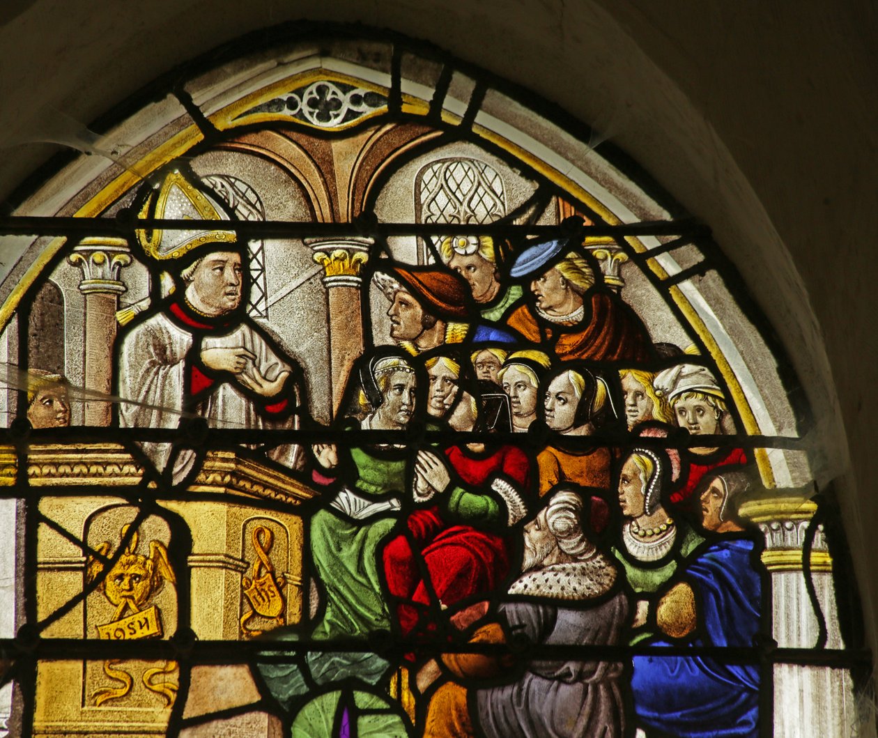 Fenster mit Darstellung einer Szene aus dem Leben des Heiligen Claude: Der Heilige predigt von French School