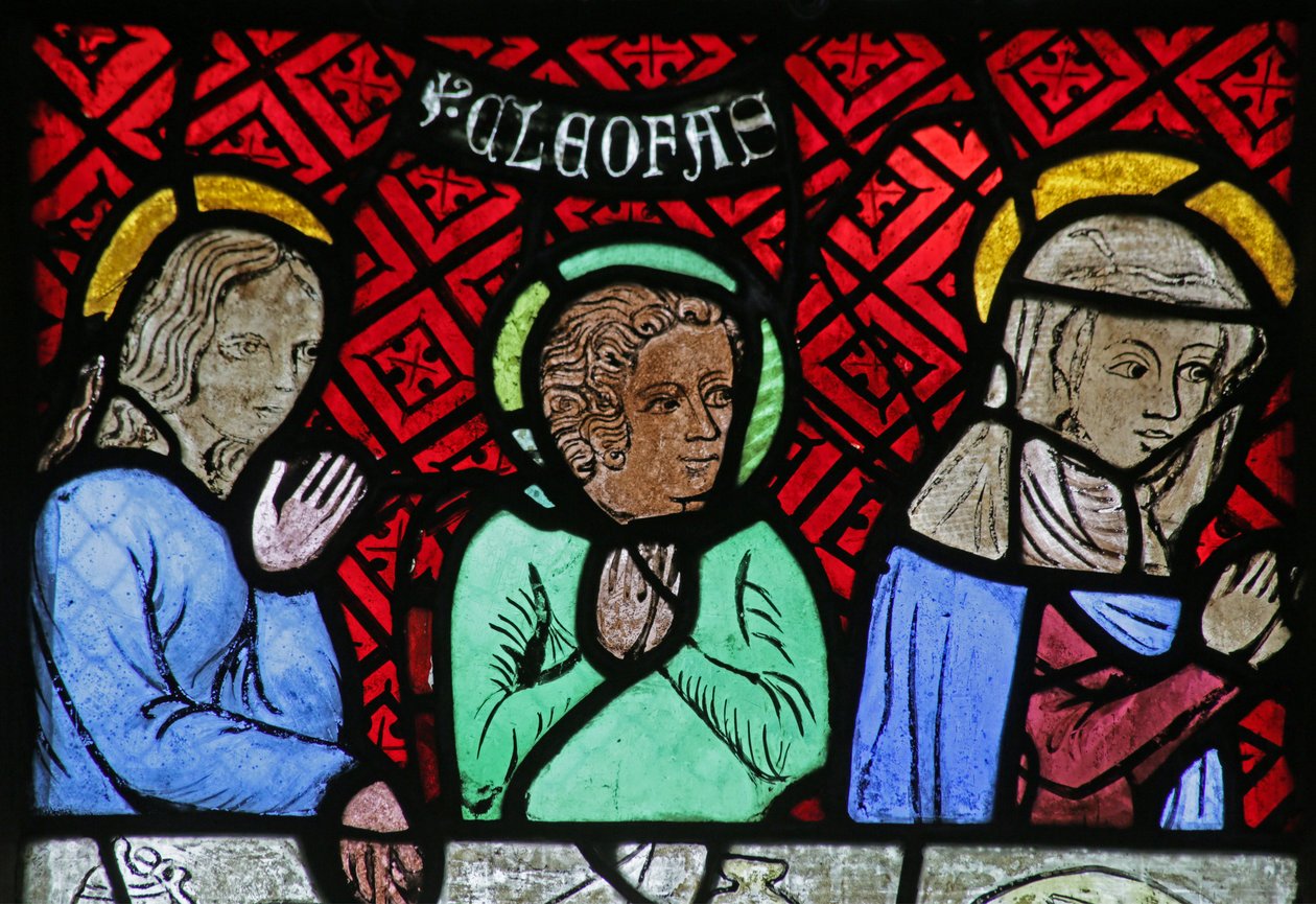 Fenster mit Darstellung von drei Figuren von der Hochzeit zu Kana von French School