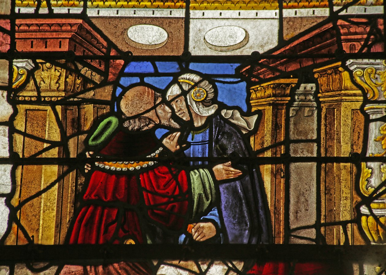Fenster, das die Geißelung und das Treffen am Goldenen Tor zeigt von French School