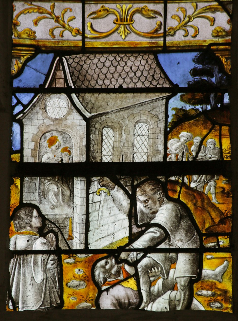 Fenster mit der Darstellung der Legende von Notre Dame de Lorette: Die Jungfrau stoppt einen Mörder vor ihrem Haus von French School