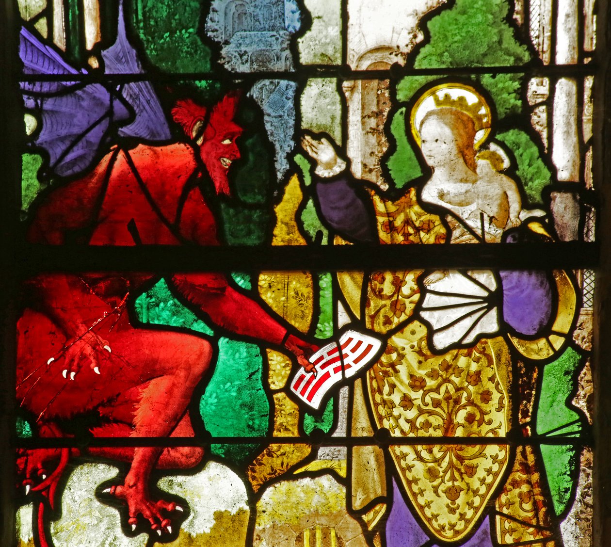 Fenster mit Darstellung der Jungfrau Maria, die den Pakt des Theophilus vom Teufel zurückholt von French School