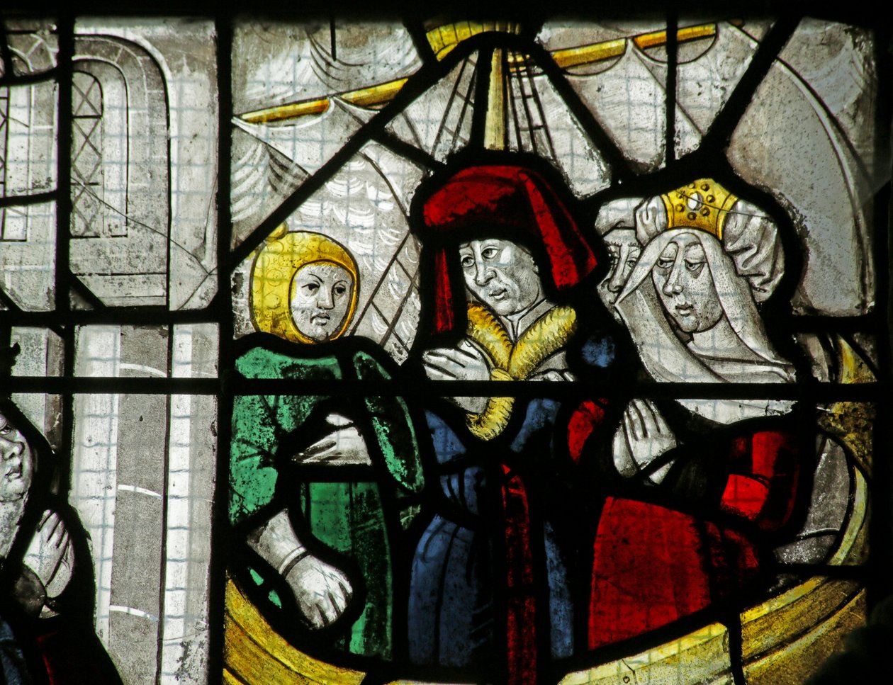 Fenster mit Darstellung von Reisenden auf einem Schiff, aus einem Wunder des Heiligen Nikolaus, 1460-1470 von French School