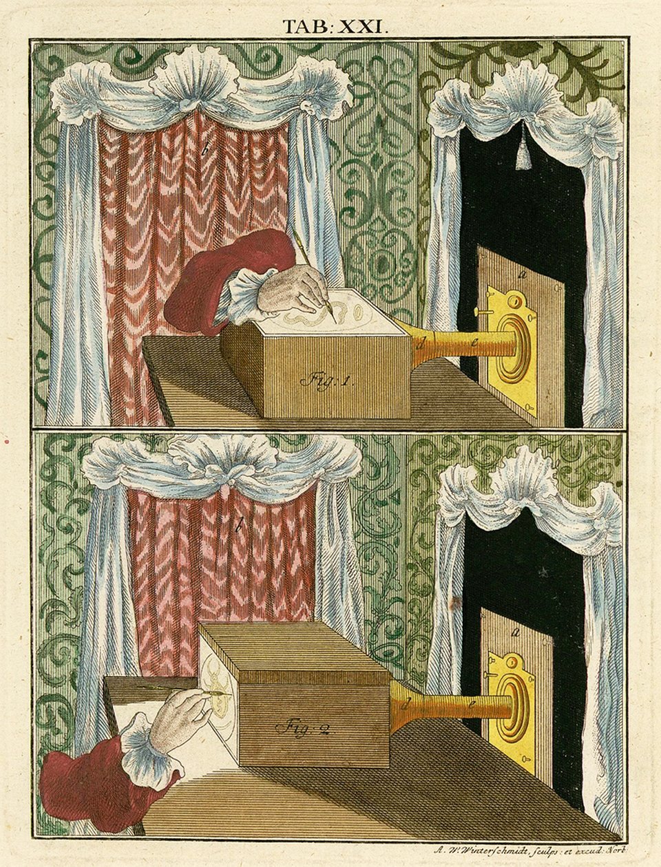 Zeichnung eines vergrößerten Bildes mit einem optischen Mikroskop, 1768 von German School