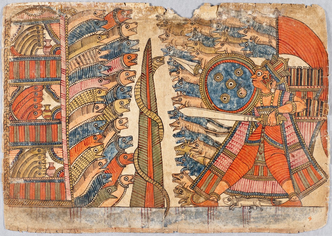Kampf der Mungo- und Schlangenarmeen aus der Geschichte von Babhruvahana, ca. 1850 von Indian School
