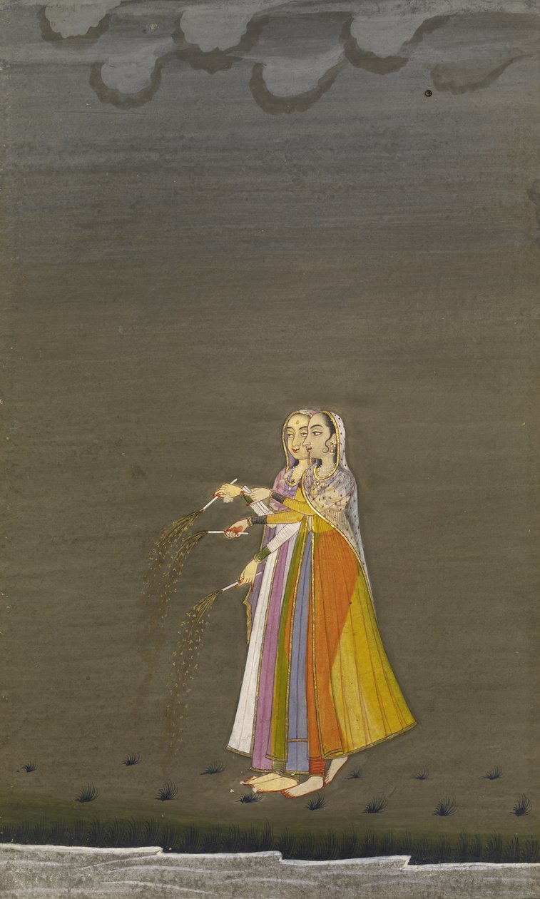 Zwei Nautch-Mädchen mit Wunderkerzen an einem Bach in der Nacht des Diwali-Festes, Bikaner-Stil von Indian School