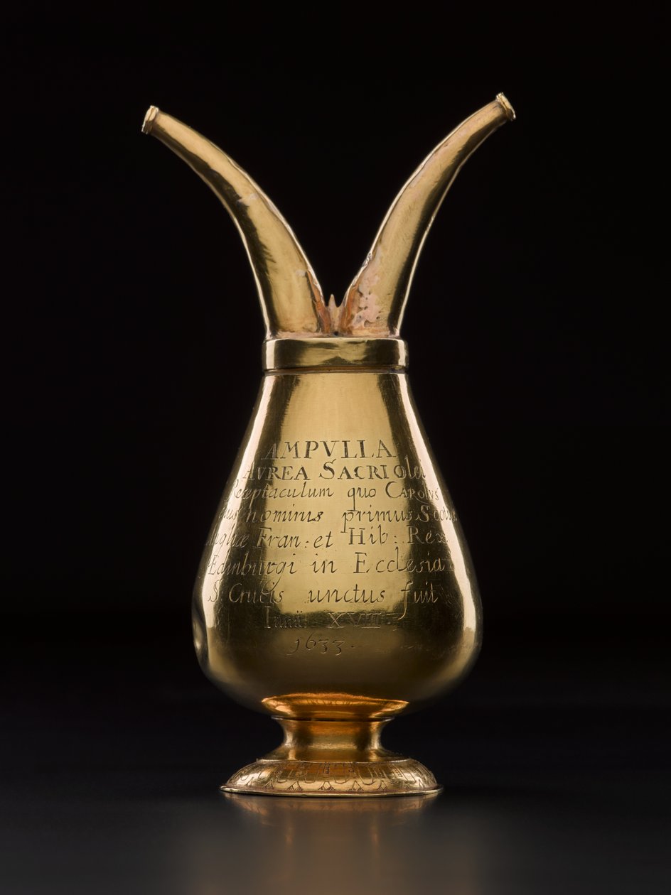 Ampulle, die das heilige Salböl für die Krönung von Charles I (1600-49) in Holyroodhouse am 18. Juni 1633 enthielt, möglicherweise hergestellt von James Dennistoun, Dekan der Edinburgher Goldschmiedezunft von Scottish School