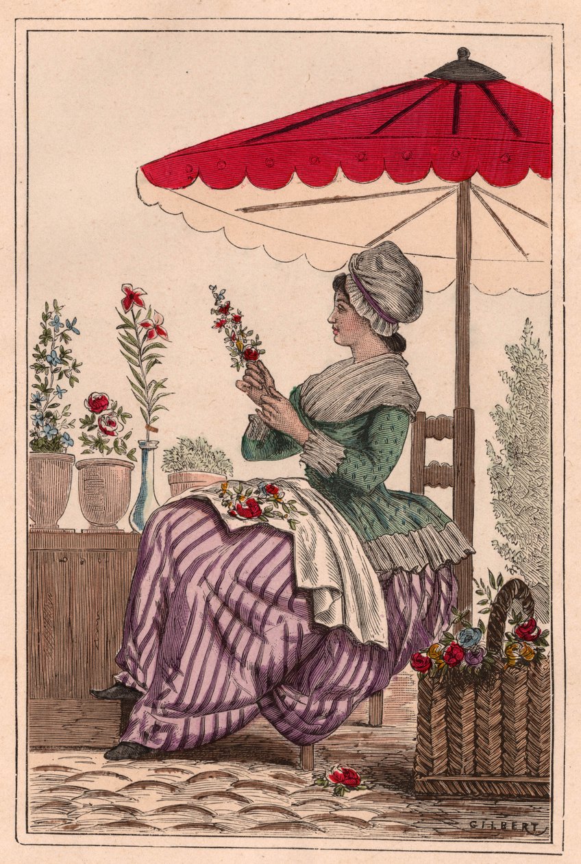 Ein Blumenmädchen, das unter einem Regenschirm sitzt und Sträuße aus roten Blumen macht von Unknown