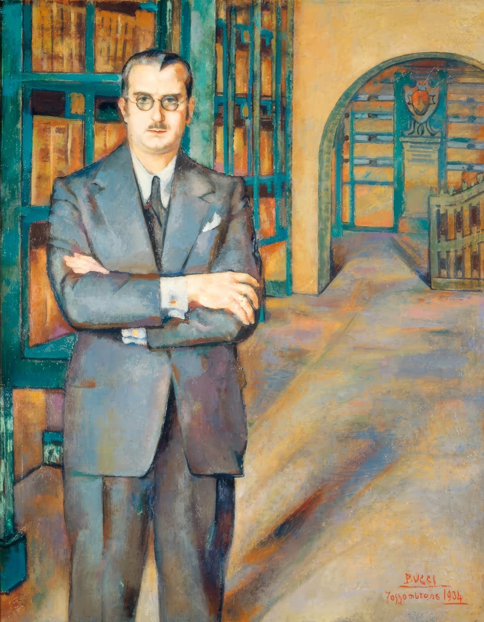 Porträt des Notars in einem Anzug mit Jackett, Krawatte und Brille, in seiner Bibliothek mit Regalen voller Bücher von Löscher and Petsch