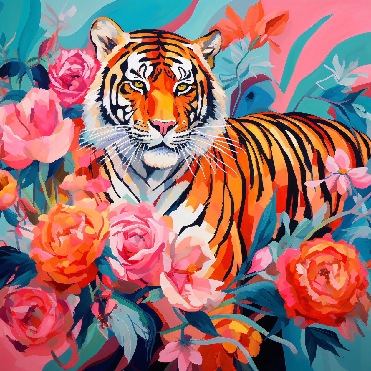 Abstraktes Gemälde Pfingstrose & Tiger, lebendige Farben von F. Abderrahim