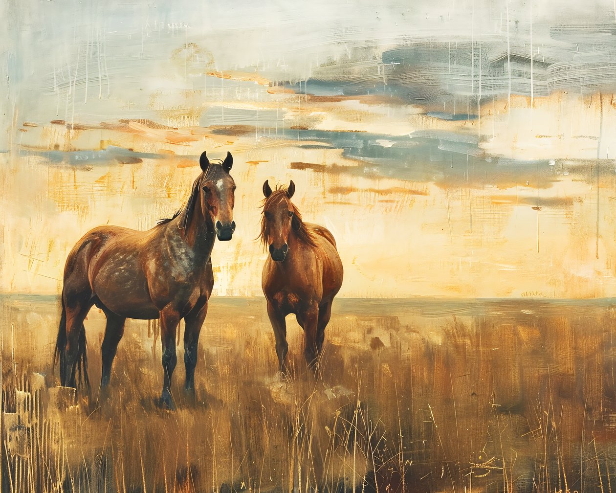 Ölgemälde Majestätische Pferde in einem Feld bei Sonnenuntergang, Leinwand  Wanddekoration von F. Abderrahim