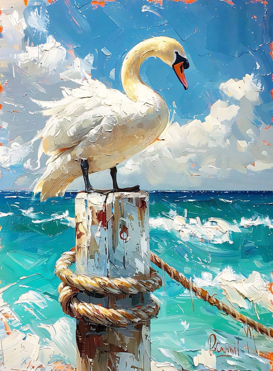 Weißer Zugvogel, Gänse am Meer, blaue Farben, Wanddekoration Ideen von F. Abderrahim