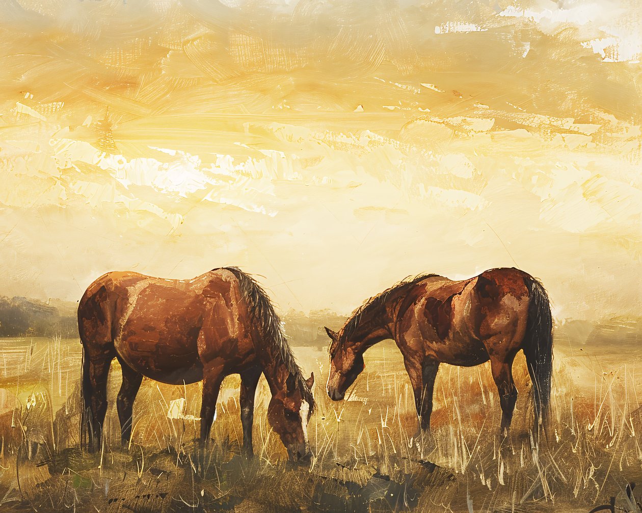 Wildpferde bei Sonnenuntergang Leinwand Wanddekoration, Leinwand  gerahmt Wanddekor von F. Abderrahim