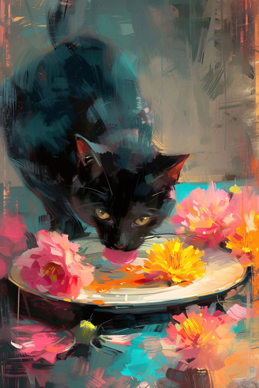 Schwarze Katze isst auf einem Blumenteller, Impressionistisches Gemälde, Online Kunstdrucke von F. Abderrahim