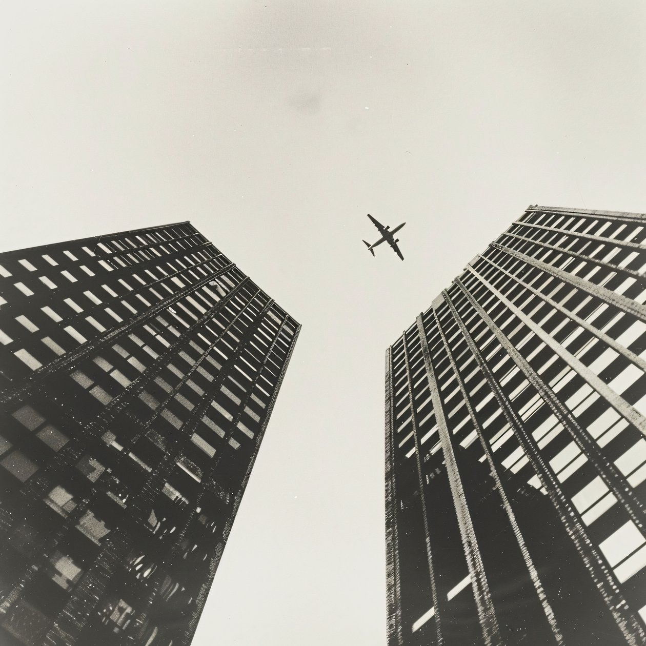Flugzeug fliegt über zwei Türme, Fotografie mit  schwarz, Wandkunstdrucke auf Anfrage von F. Abderrahim