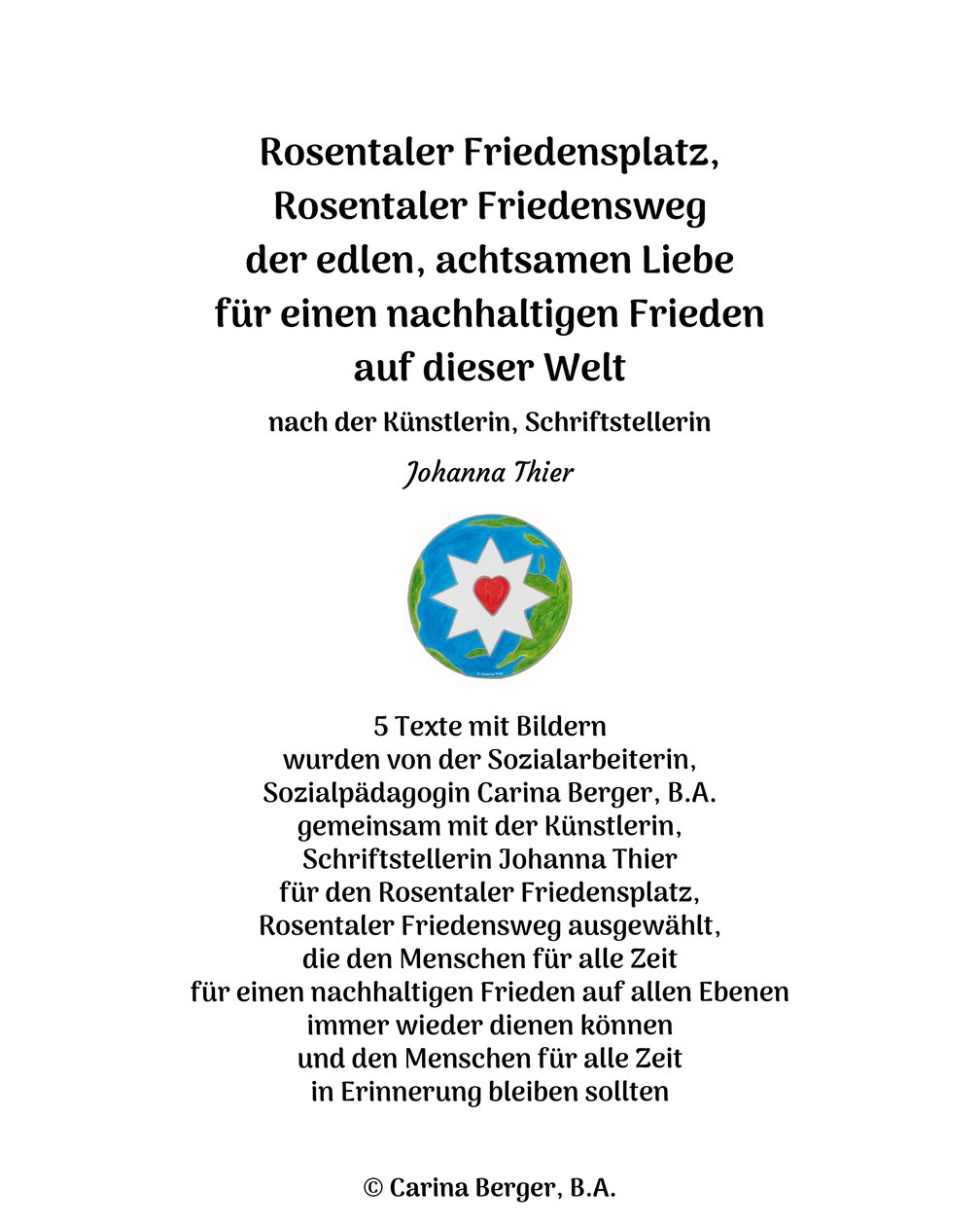 Rosentaler Friedensplatz, Rosentaler Friedensweg - 5 Texte mit Bildern von Johanna Thier