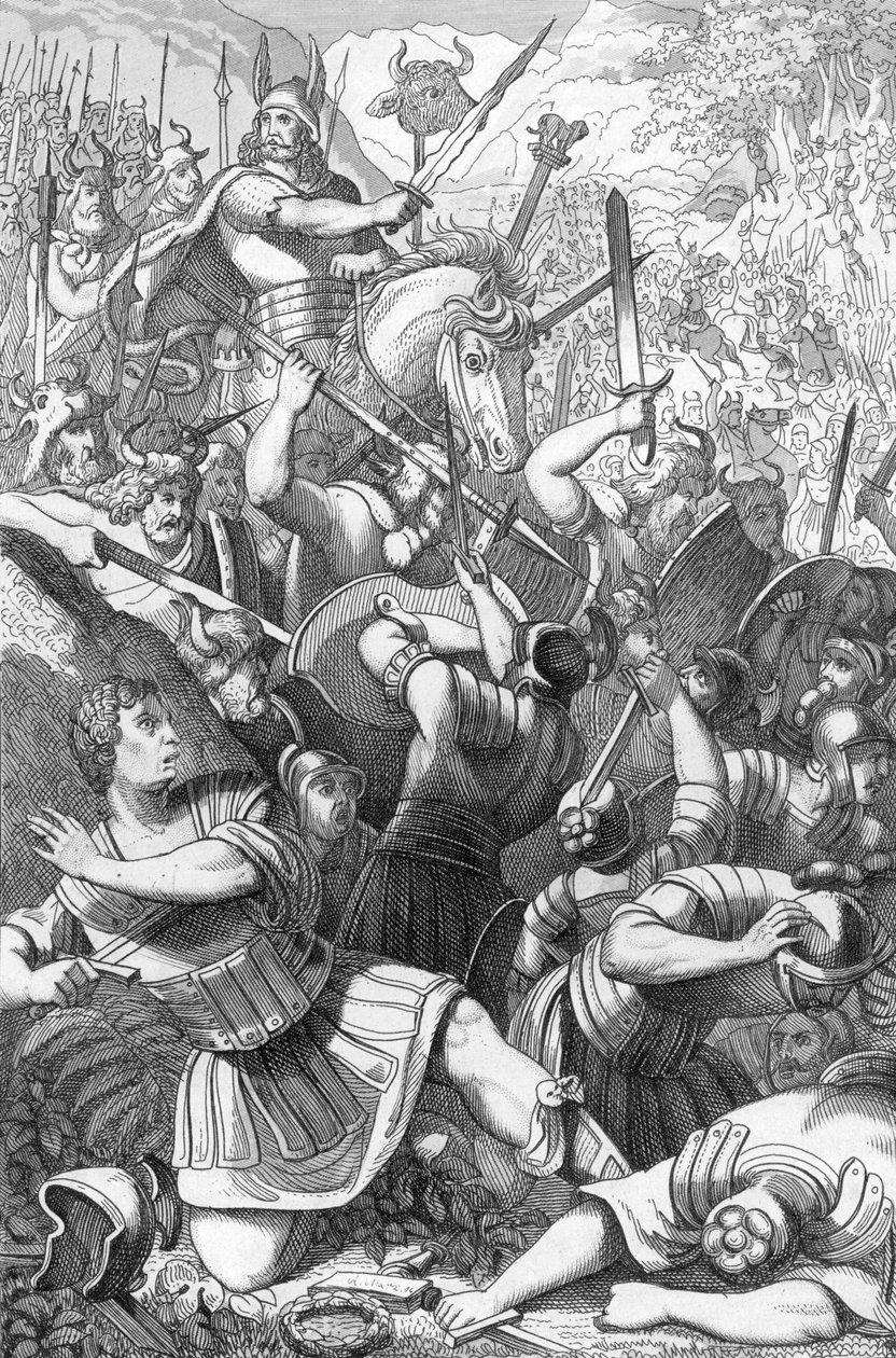 Cheruskerführer Arminius (18 v. Chr.-21 n. Chr.) in der Schlacht im Teutoburger Wald gegen die Römer im Jahr 9 n. Chr. (Die Cherusker unter Arminius (Hermann) besiegen die 17.-19. römischen Legionen unter Varus im Teutoburger Wald) von 19th Century Polish School