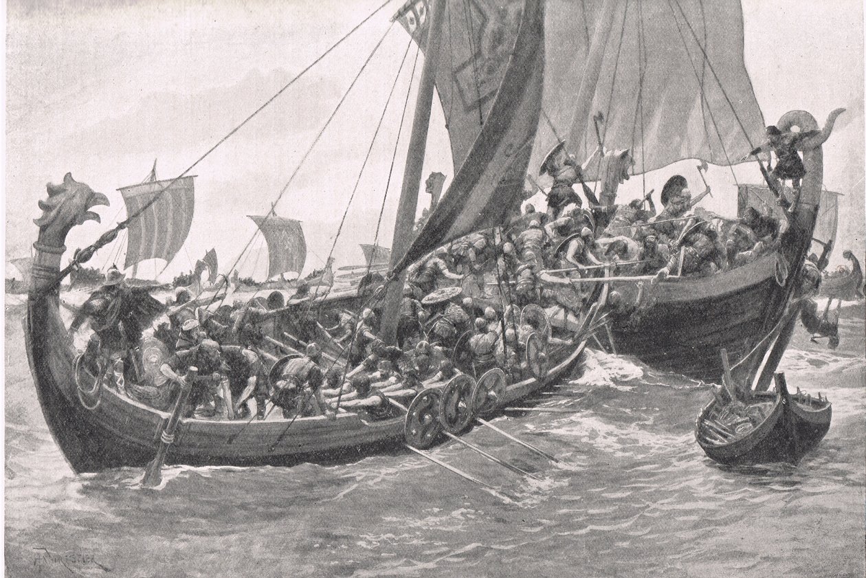 Erste Seeschlacht Großbritanniens, Illustration aus British Battles on Land and Sea, veröffentlicht von Cassell, London, um 1910 von A. Forrestier