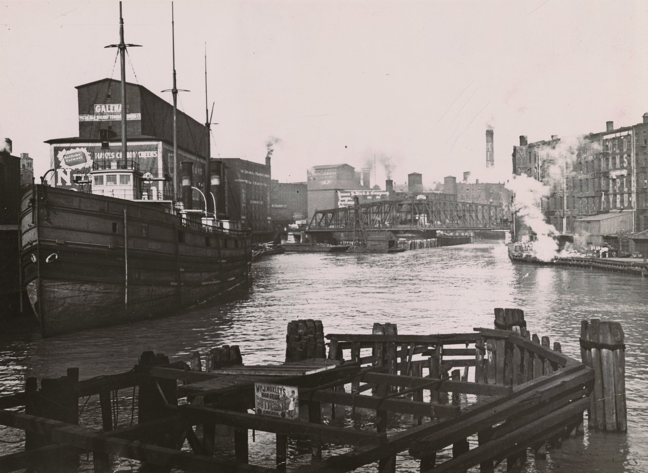Ansicht der Rush St. Bridge und Kirks Seifenfabrik, 1894 von A.C. Christensen
