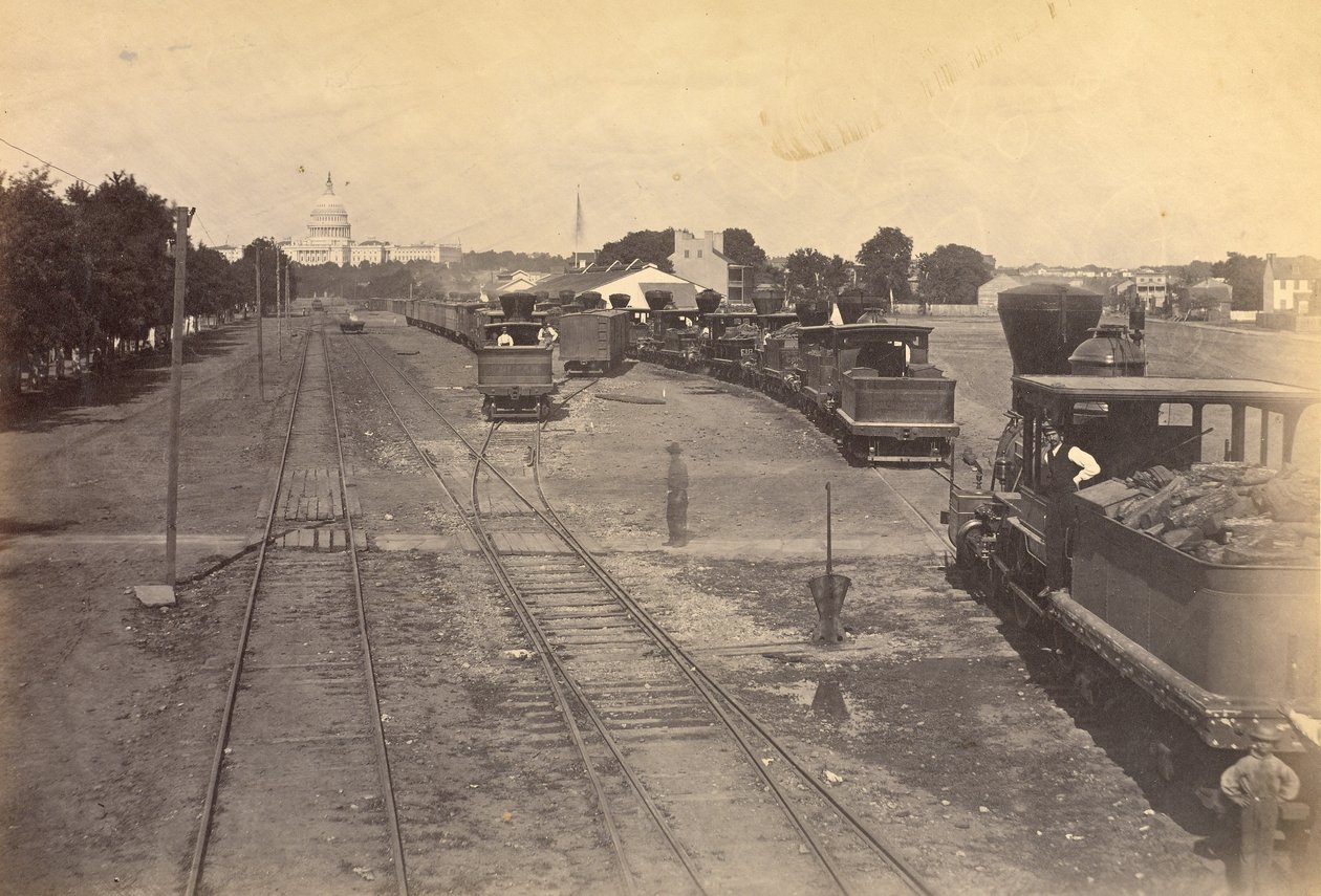 Nr. 189. Maryland Avenue Depot, Washington, D.C., mit aus Alexandria zur Sicherheit gesandten Lokomotiven von A.J. Russell