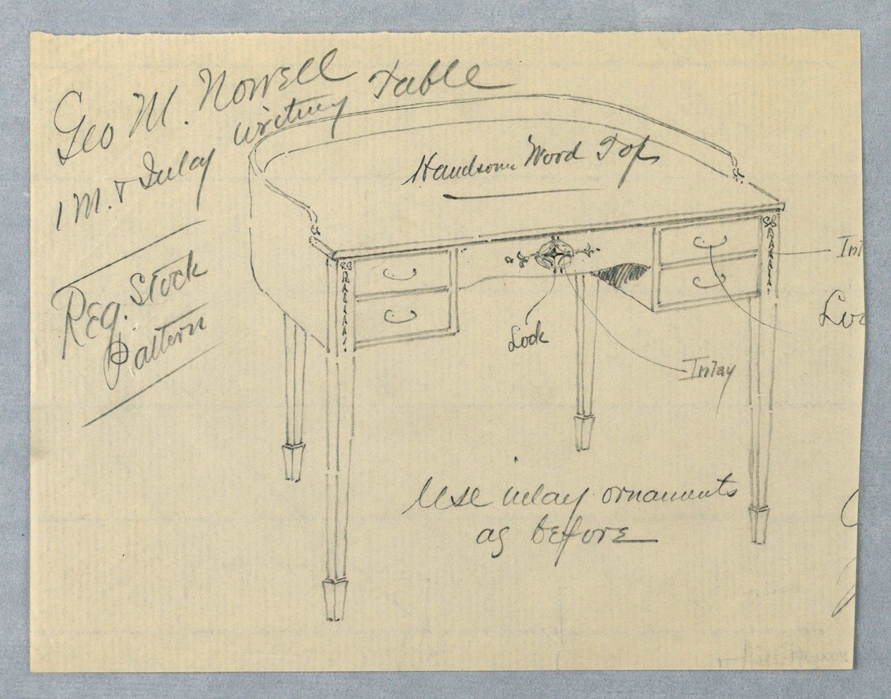 Entwurf für Mahagoni-Einlage-Schreibtisch für George M. Nowell von A.N. Davenport Co.