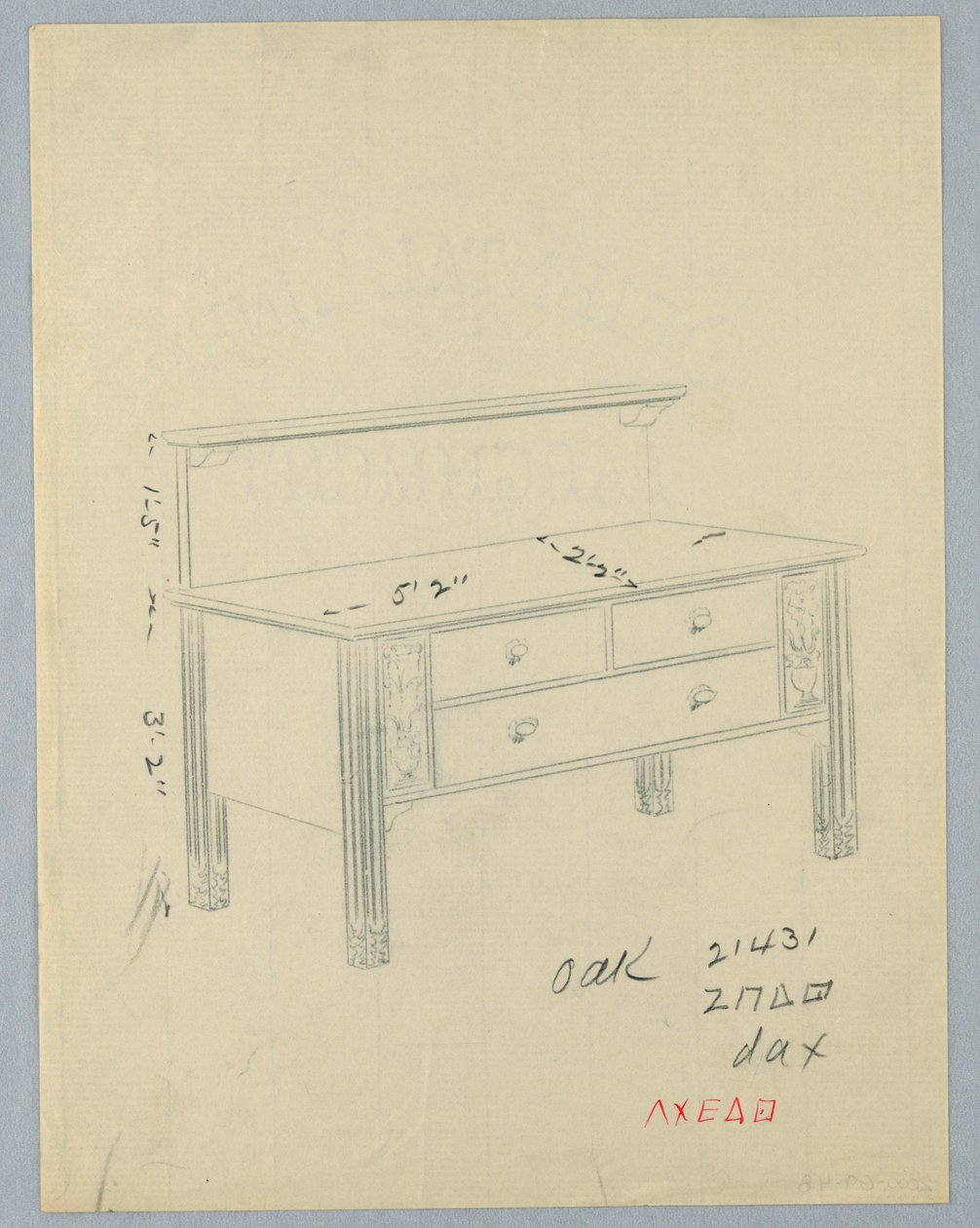 Entwurf für ein rechteckiges Sideboard mit Blumenvasen von A.N. Davenport Co.
