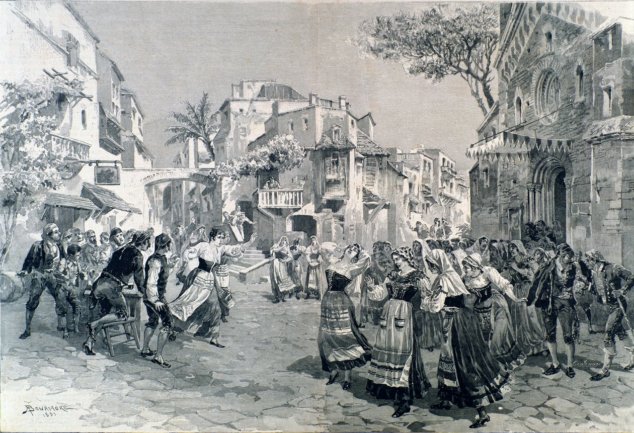 Die letzte Szene der Cavalleria rusticana, Oper von Mascagni, im Teatro alla Scala 1891 von A. (after) Bonamore