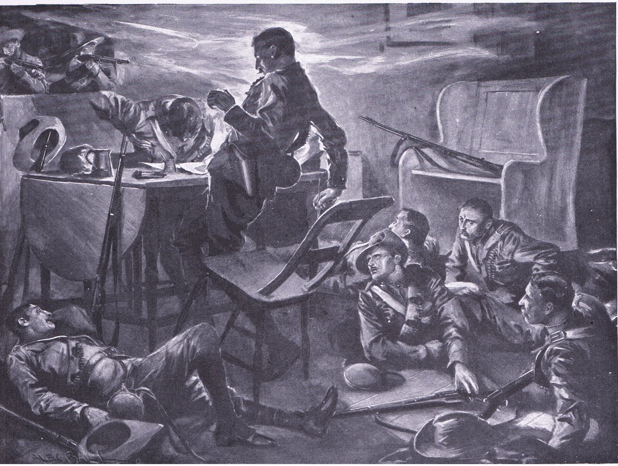 Die Tötung von zwei Männern von Comptons Horse beim Schreiben von Briefen nach Hause, Illustration aus After Pretoria: The Guerilla War, 1902 von A. C. Ball