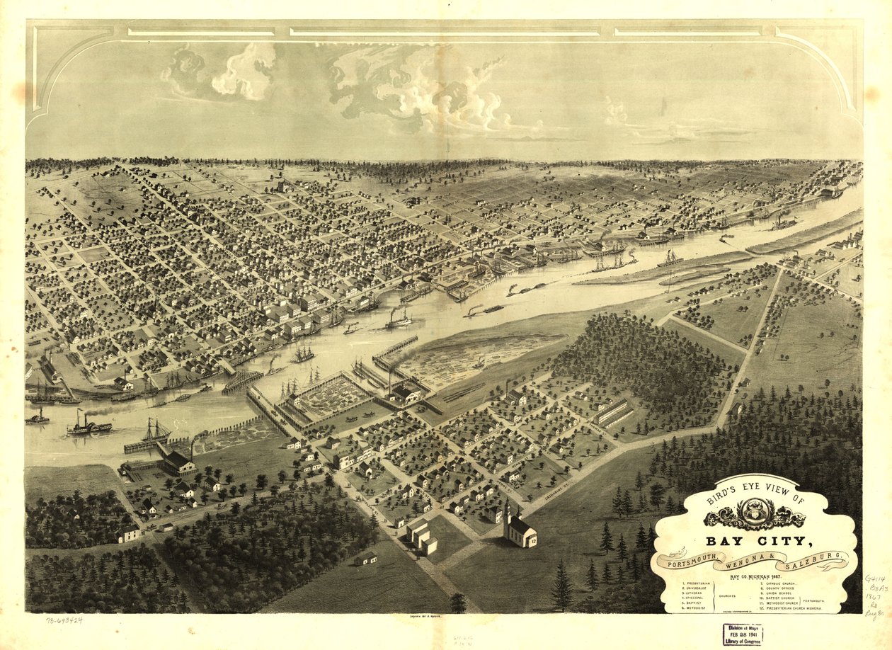 Vogelperspektive von Bay City, Portsmouth, Wenona & Salzburg, Bay Co., Michigan 1867 von A.; Chicago Lithographing Co. Ruger