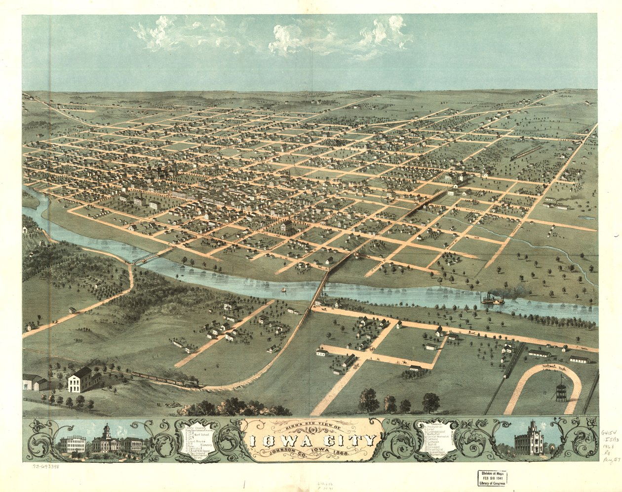 Vogelperspektive von Iowa City, Johnson Co., Iowa 1868 von A.; Chicago Lithographing Co. Ruger