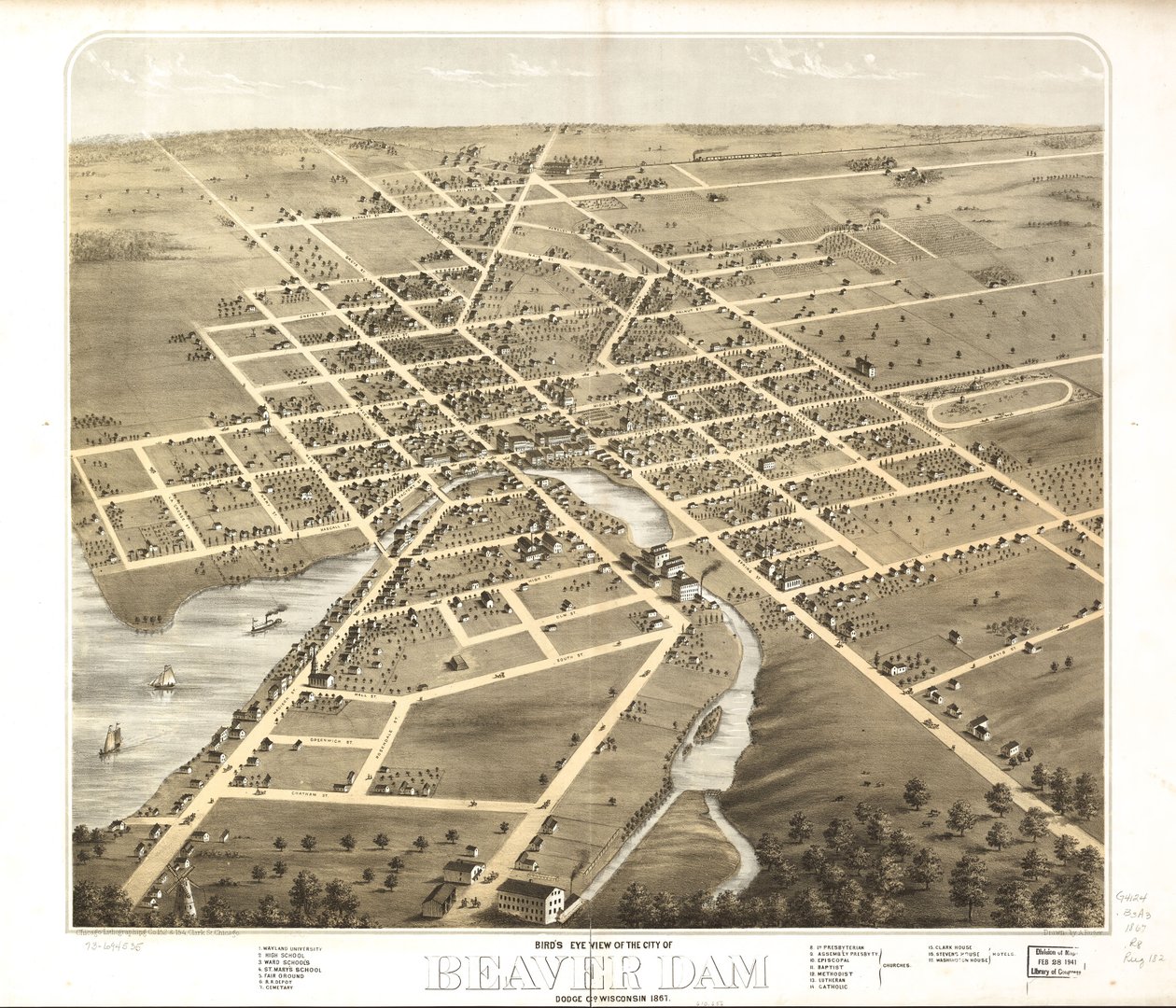 Vogelperspektive der Stadt Beaver Dam, Dodge Co., Wisconsin 1867 von A.; Chicago Lithographing Co. Ruger