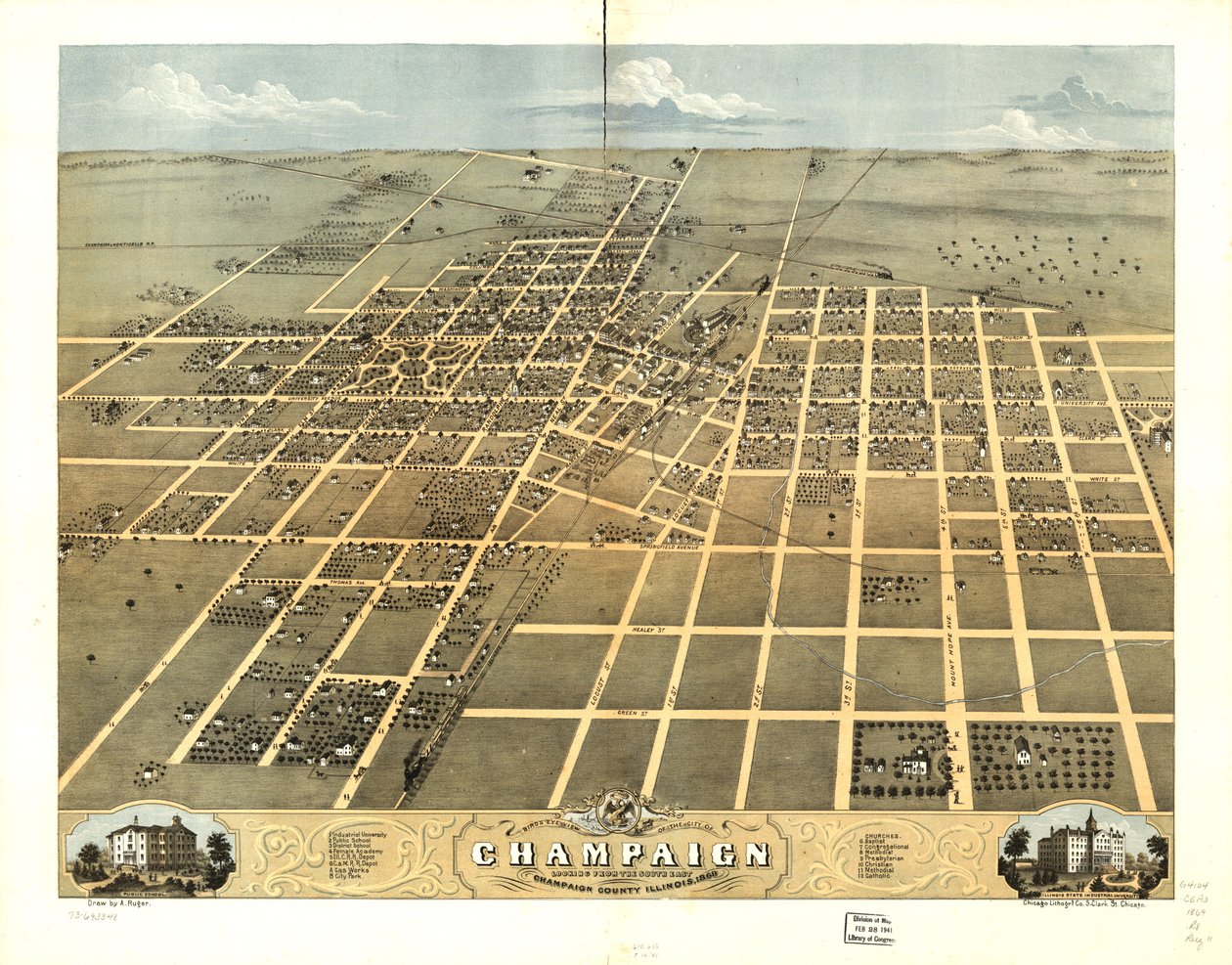 Vogelperspektive der Stadt Champaign, Champaign County, Illinois 1869 von A.; Chicago Lithographing Co. Ruger