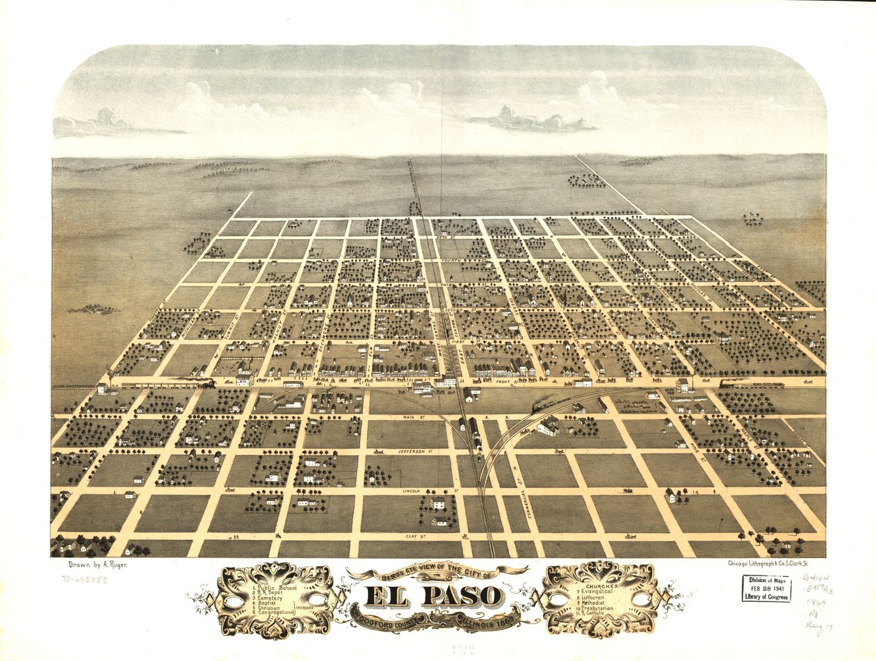Vogelperspektive der Stadt El Paso, Woodford County, Illinois 1869 von A.; Chicago Lithographing Co. Ruger