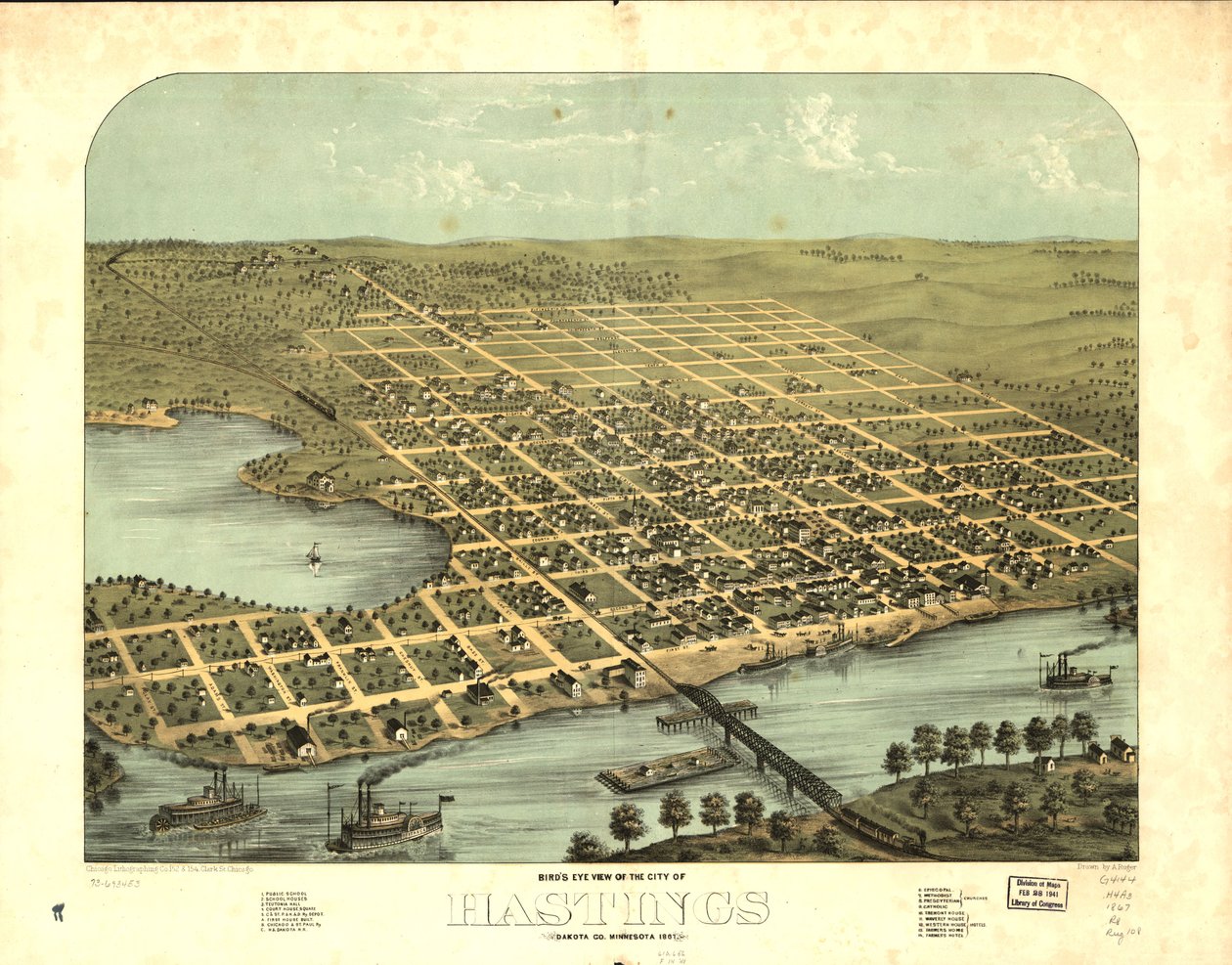 Vogelschau der Stadt Hastings, Dakota Co., Minnesota 1867 von A.; Chicago Lithographing Co. Ruger