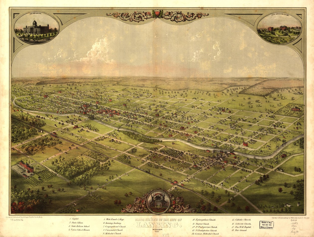 Vogelperspektive der Stadt Lansing, Michigan 1866 von A.; Chicago Lithographing Co. Ruger