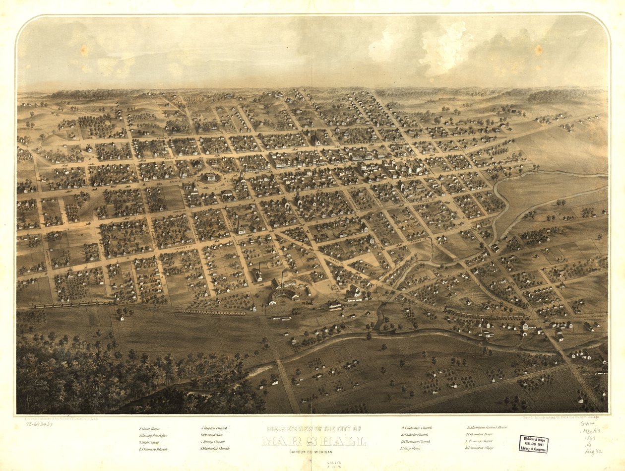 Vogelperspektive der Stadt Marshall, Calhoun Co., Michigan von A.; Chicago Lithographing Co. Ruger
