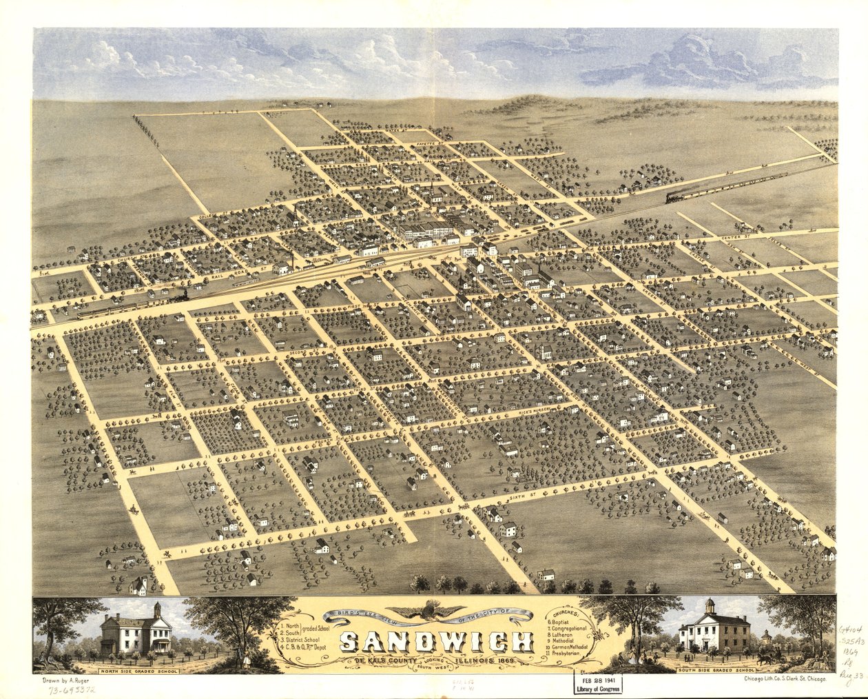 Vogelperspektive der Stadt Sandwich, De Kalb County, Illinois 1869 von A.; Chicago Lithographing Co. Ruger