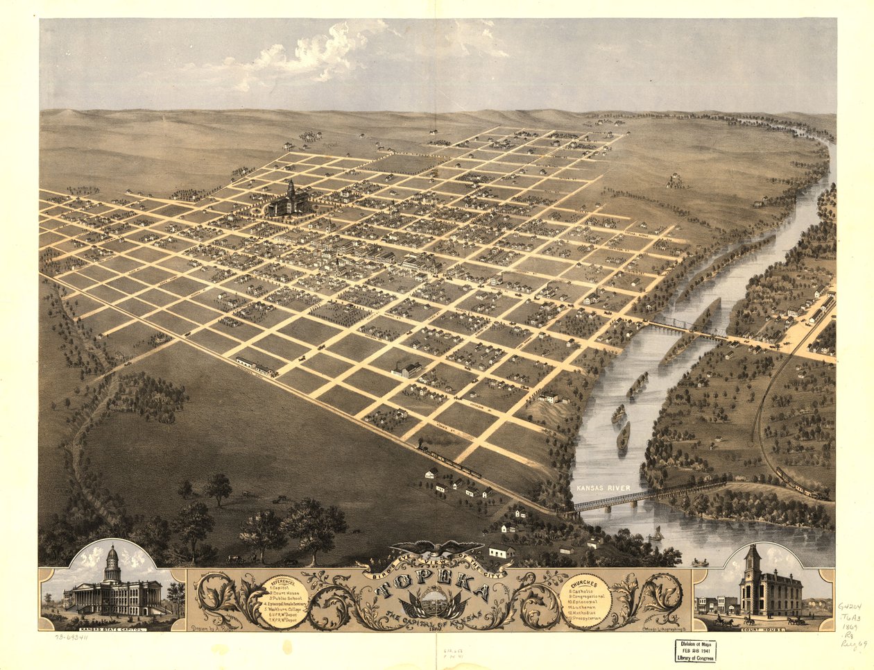 Vogelperspektive der Stadt Topeka, der Hauptstadt von Kansas 1869 von A.; Chicago Lithographing Co. Ruger