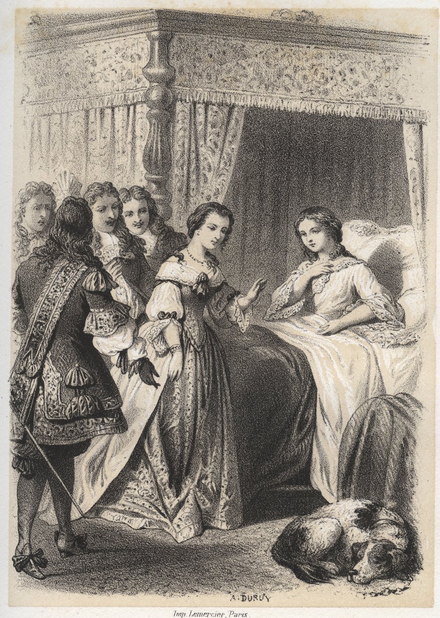 Madame Deshoulieres, Antoinette Ligier de La Garde (1637-1694), überwältigt von Fragen ihres Umfelds nach einer Nacht in Angst vor dem Geist. Gravur von A. Duruy in „Illustrations litteraires de la France; or, Galerie anecdotique de nos pr... von A. Duruy