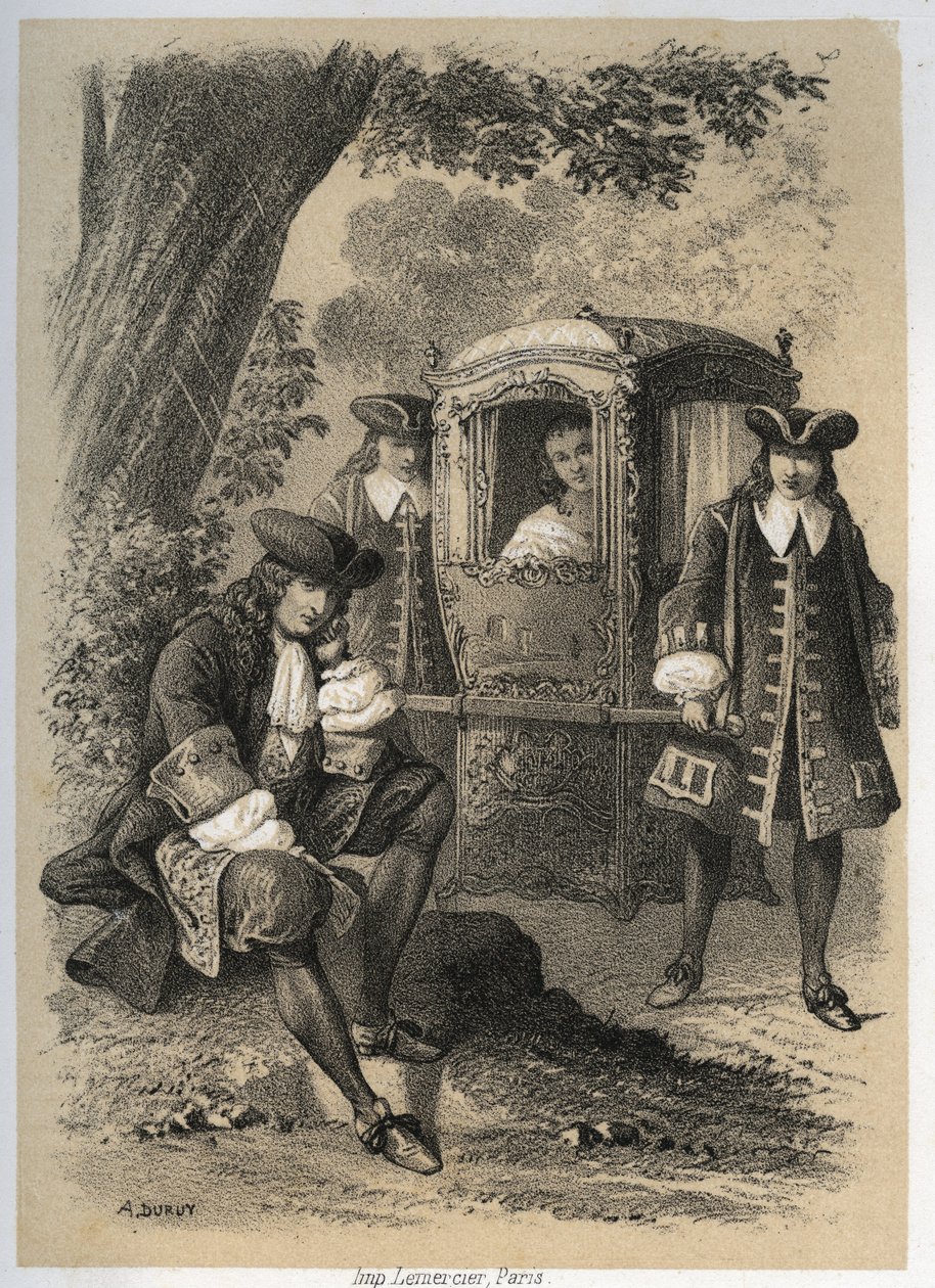 Marie Anne Mancini (1649-1714), Herzogin von Bouillon, trifft eines Morgens in Versailles auf Jean de La Fontaine (Lafontaine), der unter einem Baum sitzt; am Abend findet sie ihn an derselben Stelle. Gravur von A. Duruy in „Illustrations littéraires de la von A. Duruy