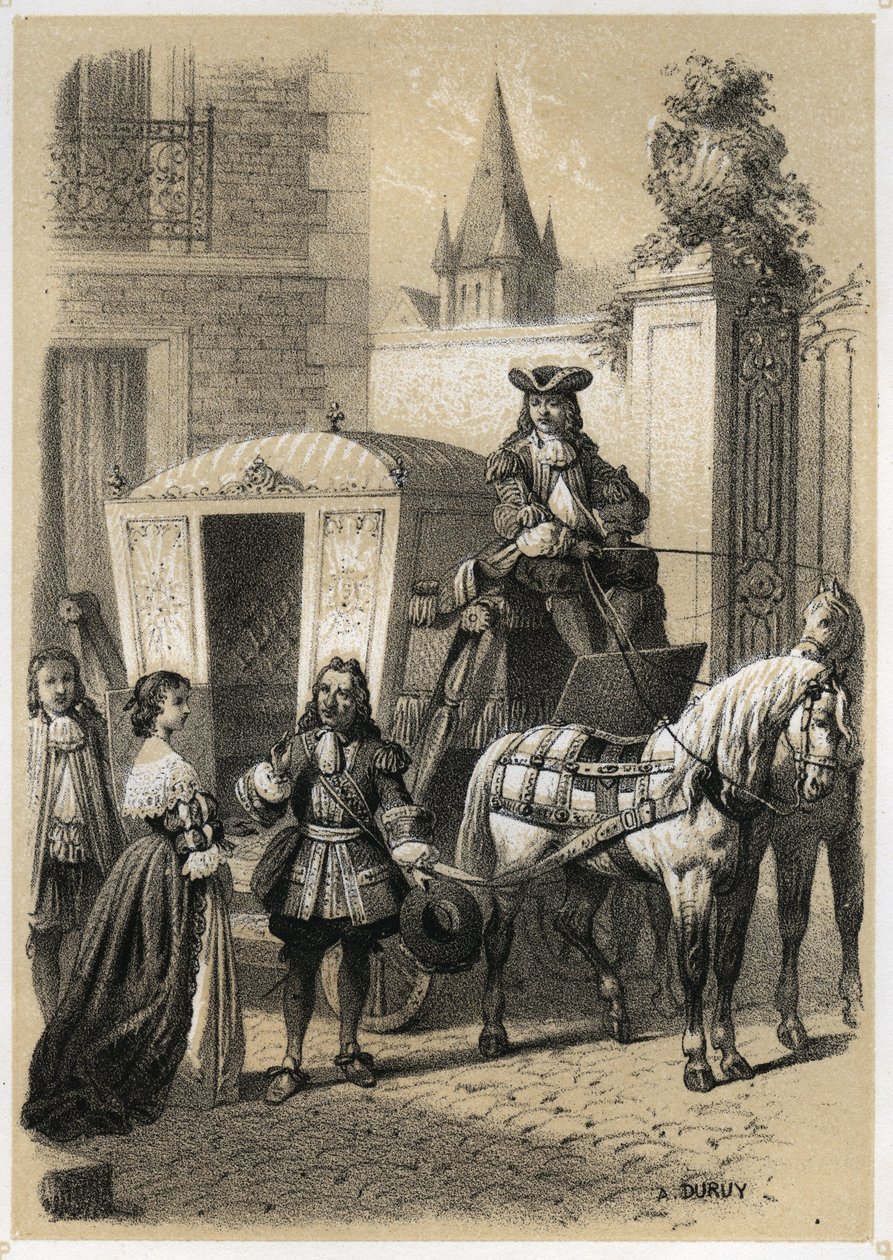Marie de Rabutin-Chantal (Rabutin Chantal), Marquise de Sévigné dit Madame de Sévigné (1626-1696) zwingt Gilles Ménage (1613-1692), französischer Grammatiker und Schriftsteller, in ihrer Kutsche zu fahren. Gravur von A. Duruy in „Illustrations littéraires  von A. Duruy