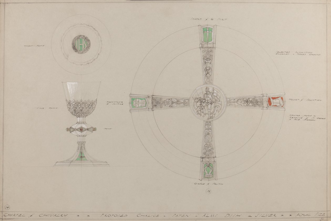 Kapelle der Ritterlichkeit: vorgeschlagener Kelch, Patene und Almosenschale von A. Edward Jones and Co.