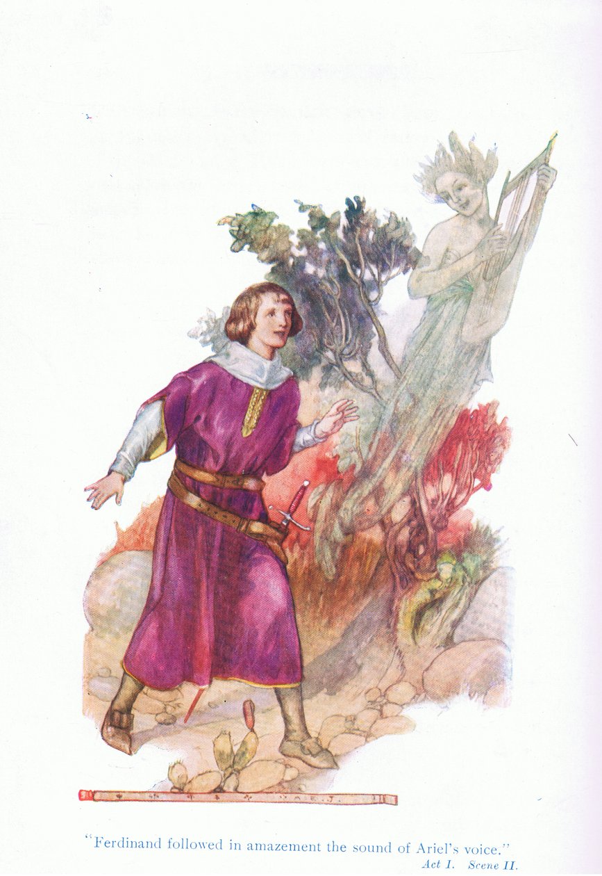 Ferdinand folgte erstaunt dem Klang von Ariels Stimme (Der Sturm), aus Geschichten aus Shakespeare, veröffentlicht von Ward Lock & Co Ltd von A. Jackson