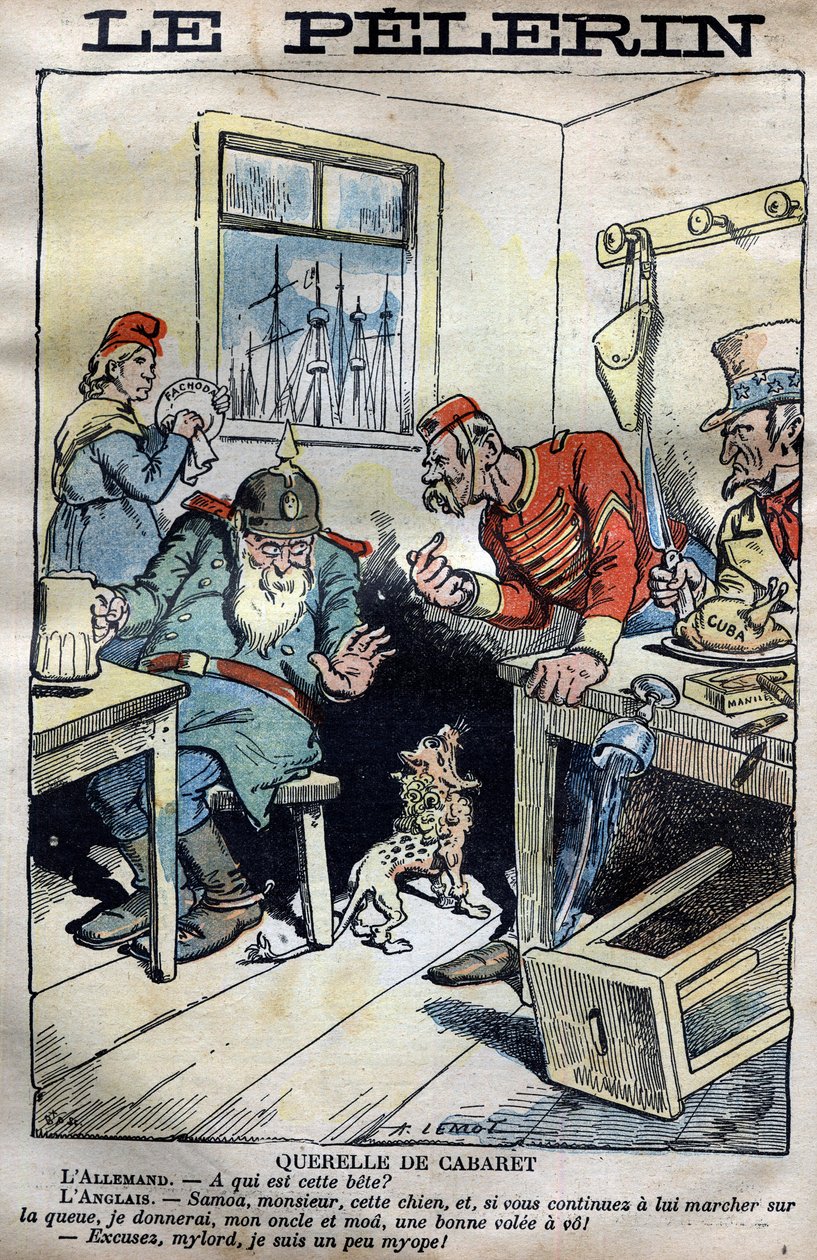 Cabaret Querelle: Karikatur über die Kolonialkriege zwischen England, Deutschland, Frankreich und den Vereinigten Staaten um die Situation in Fachoda in Afrika. Gravur von Lemot in „Le Pèlerin“ vom 23. April 1899 (Die Fachoda-Krise: schwerer diplomatischer von A Lemot