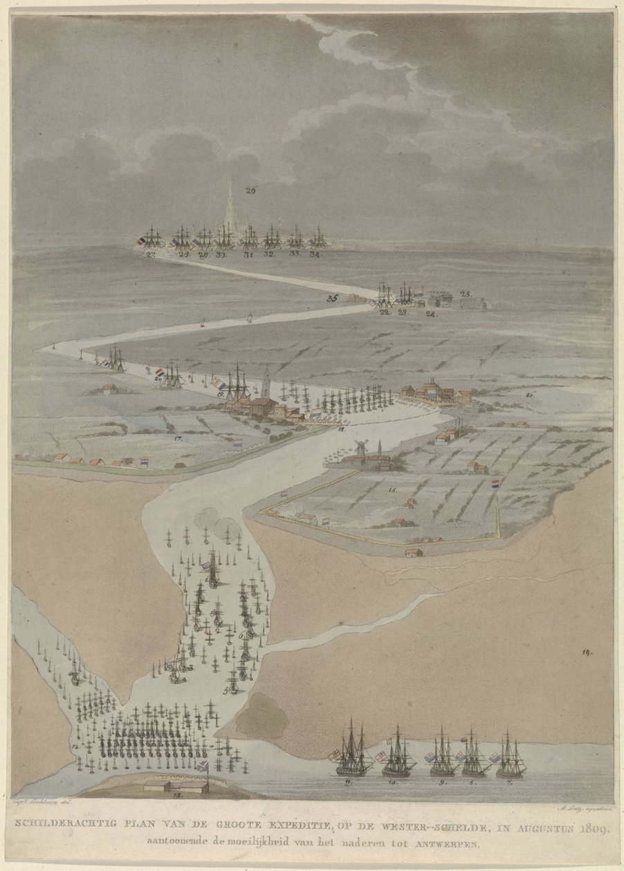 Vogelperspektive auf die Westerschelde mit englischen, holländischen und französischen Flotten, 1809 von A. Lutz