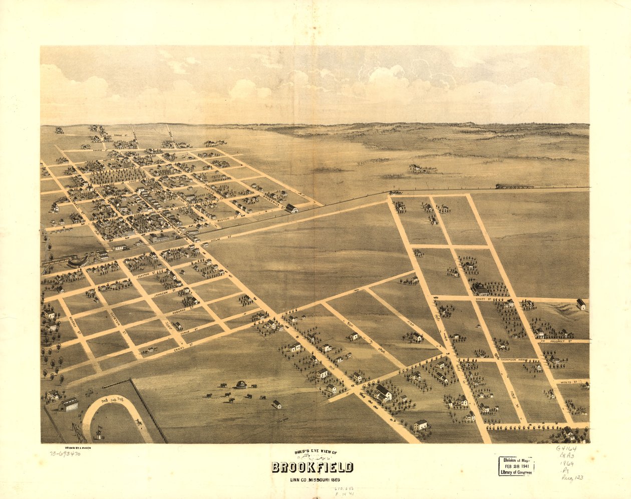 Vogelperspektive von Brookfield, Linn Co., Missouri 1869 von A. Ruger